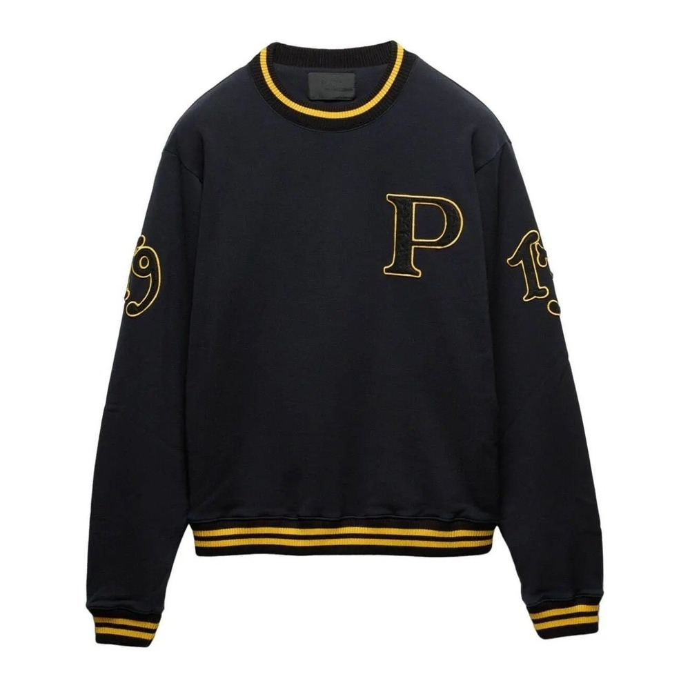 Prada UJL80B Black Felpa Cotton Sweatshirt – Varsity Logo – Size LG – 1913 Patch
